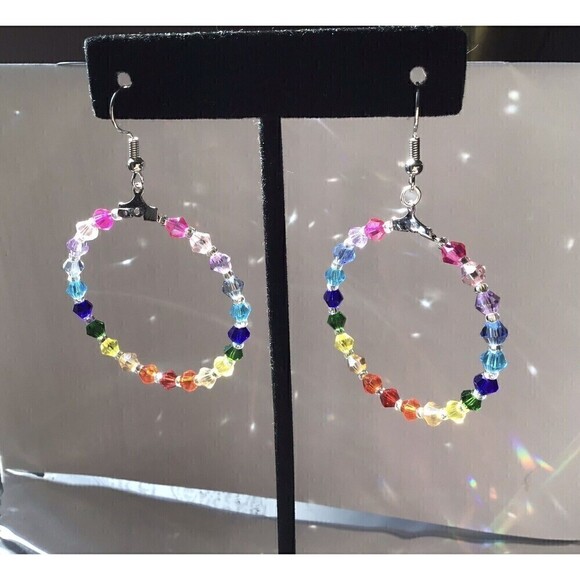 Handmade Rainbow Beaded Hoop Earrings 1.5” Pride Love Remembrance Promise - Picture 5 of 7